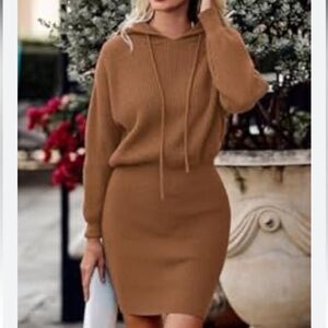 NWT Pretty Garden camel brown pullover ribbed knit sweater dress with hoodie S